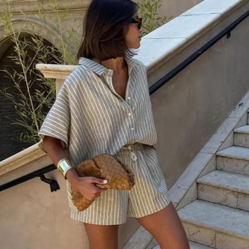 Women Casual Striped Cotton Linen Loose Shirt Shorts Suits Fashion Lapel Half Sleeves Elastic Waisted Shorts Summer Lady Outfits