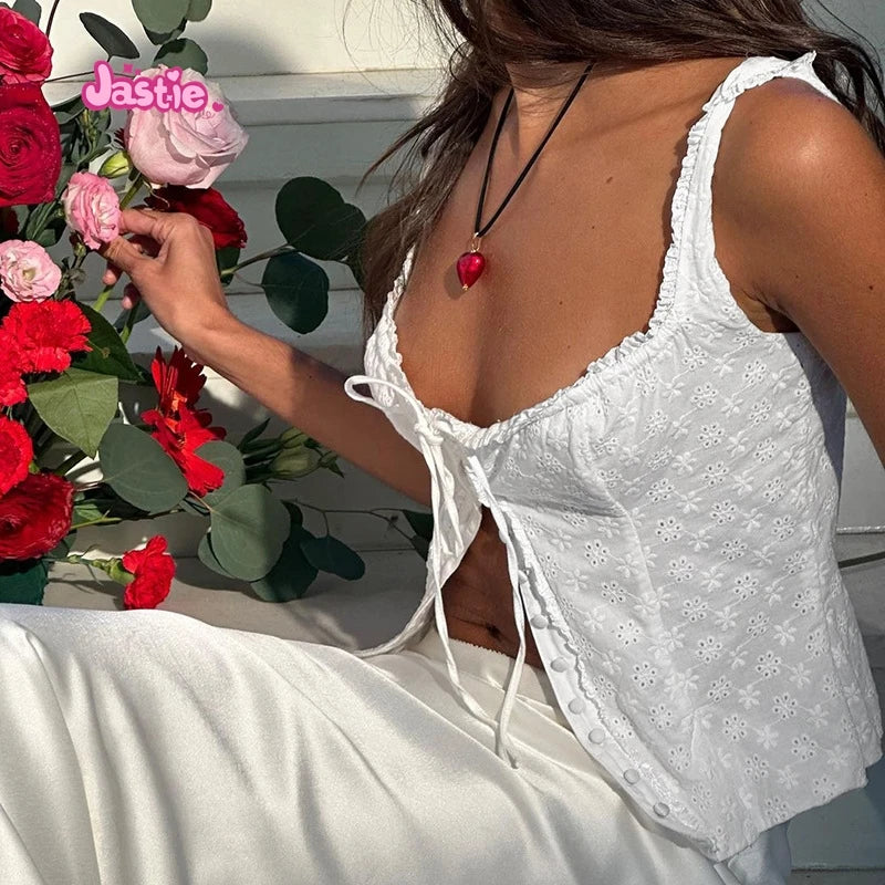2024 New White Lace Tied Square Neck Summer T-shirts Chic Elegant Short Sleeve Tee Cotton Y2K Street Casual Bow Tie-up Top Women
