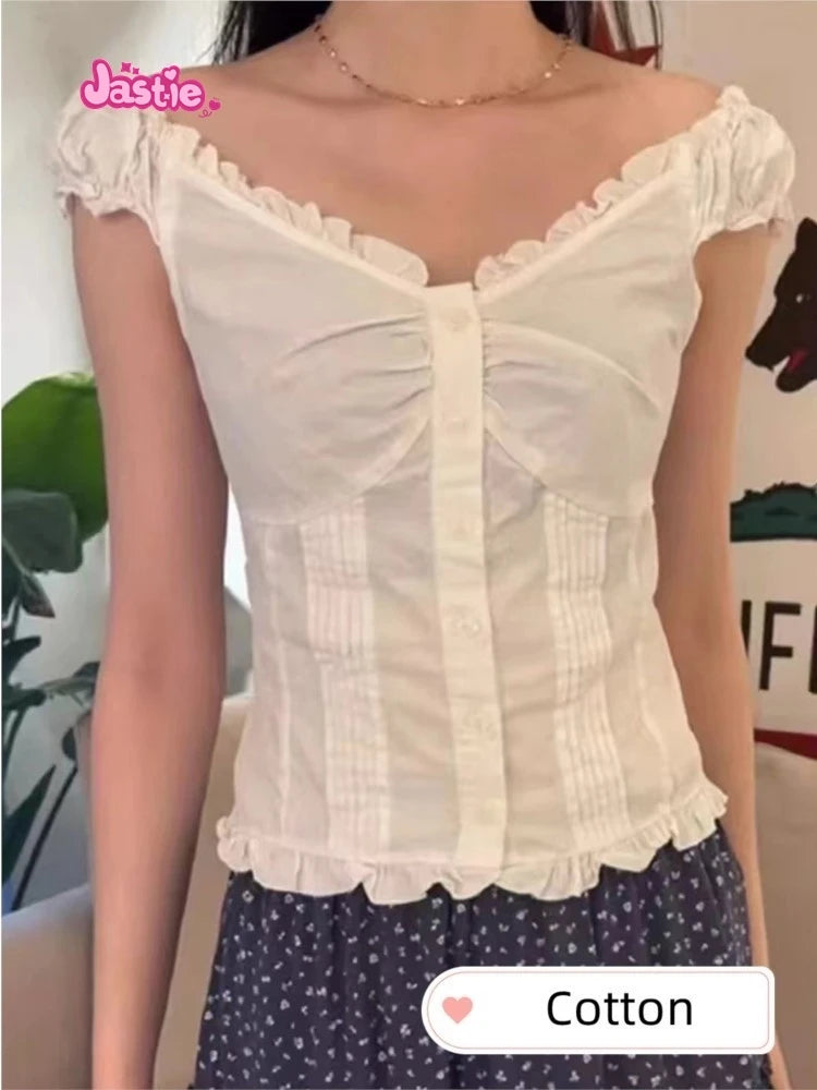 2024 New White Lace Tied Square Neck Summer T-shirts Chic Elegant Short Sleeve Tee Cotton Y2K Street Casual Bow Tie-up Top Women