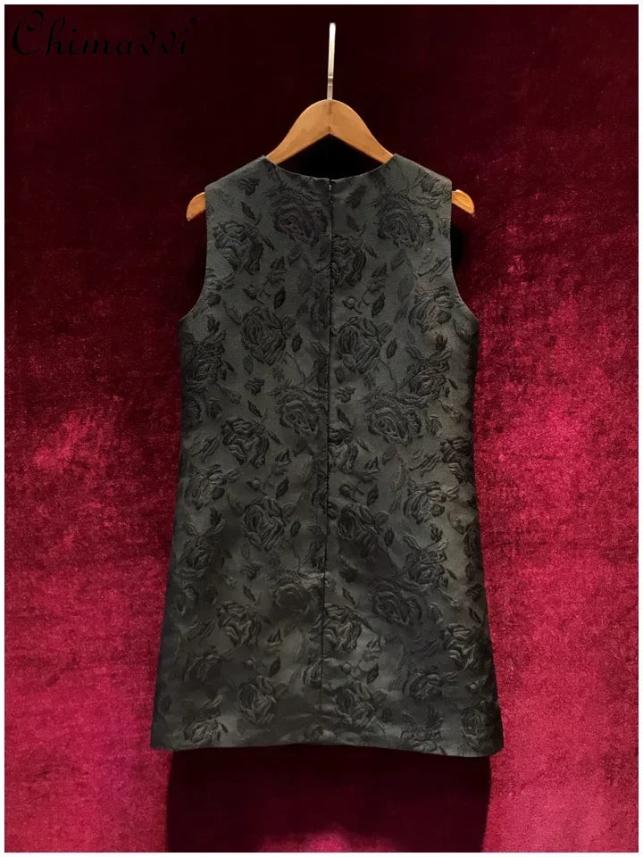 Retro Court Print Slimming Vest Dress Spring and Summer Fashion Heavy Diamond High-End Elegant Sleeveless Black Dresses Women