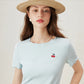 FSLE Cherry Embroidered Short-Sleeved Knitted Summer Women T-Shirt 2024 Summer New Round Neck Ruffled Ladies Top 24FS12400
