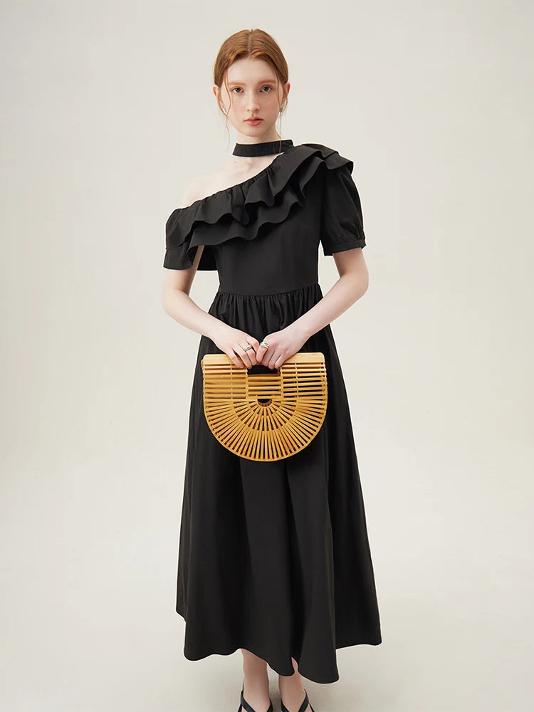 FSLE Black Women Dress 100% Cotton Ankle-Length Women Summer Dress One-shoulder Sleeve Ruffled Pink Maxi Dress 24FS18015