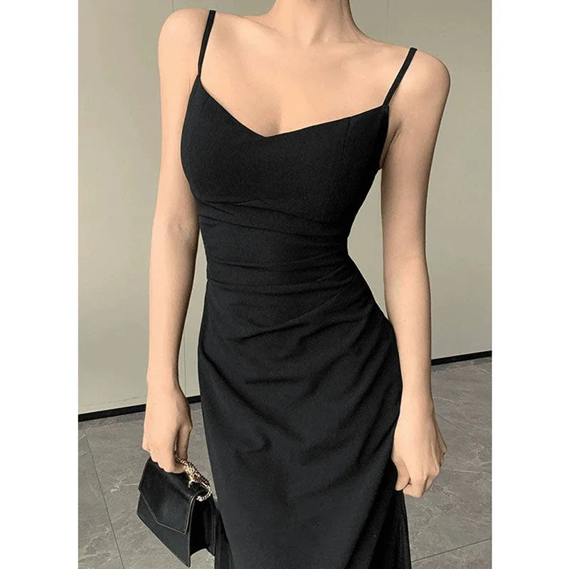 Korean V-Neck Spaghetti Strap Dress for Women Sexy Backless Waist-Tight Party Dresses Woman Elegant Black Sheer Midi Dress New