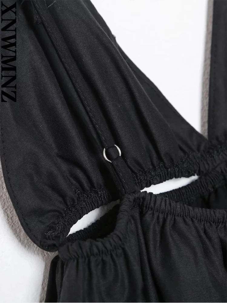 XNWMNZ 2024 Women Fashion Hollow out Embroidery Dress Vacation V-Neck Thin Strap Open Back Female Chic Mini Dresses