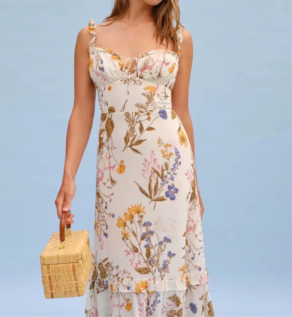 2022 Women Sexy Cross Bandage Black Flower Print Puff Long Sleeve Dress 3 layer Wood Ears Ruffles Hem Cake Mini Holiday Robe