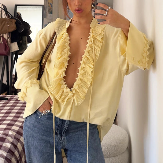 Talenza Casual Chiffon Shirt Women Fashion Pleated Lace-up Solid Lace Top Summer Vacation Loose Vintage Elegant  Female Blouses