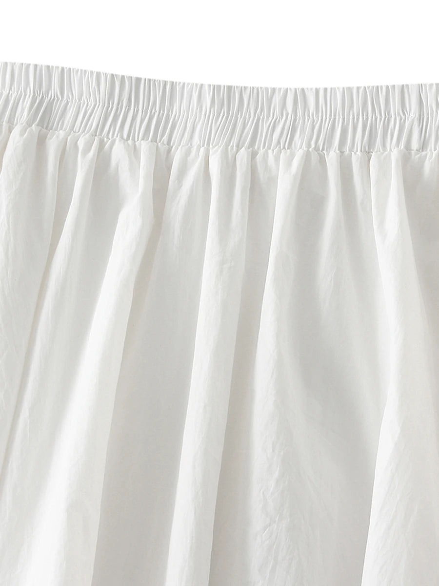 Combhasaki Women's Elegant Elastic High Waist Solid Color A-Line Pleated Puffball Hem Casual Flowy Balloon Bud Midi Skirts