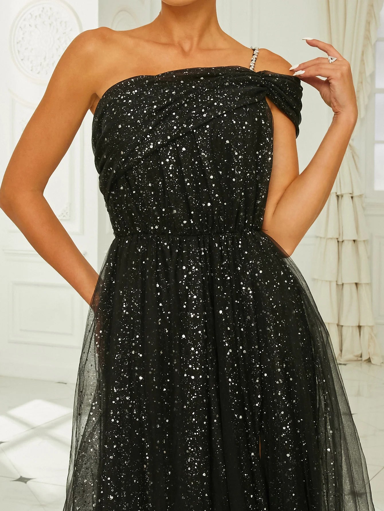 Missord Elegant Black Dot Tutu Evening Dress Women Off Shoulder Sleeveless A-line Thigh Split Party Dresses Long Prom Ball Gown