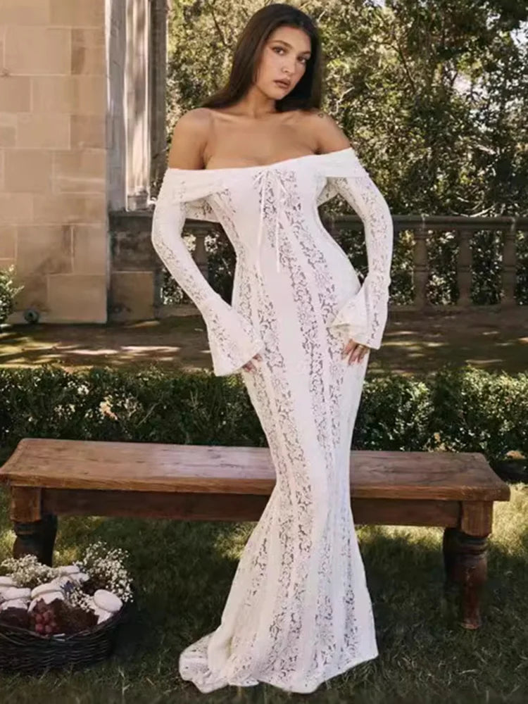 TARUXY Black Lace Flare Sleeve Dress One-Shoulder Women's Slim Tight Waist Sexy Gown Dress Elegant Strapless Long Fishtail Dress