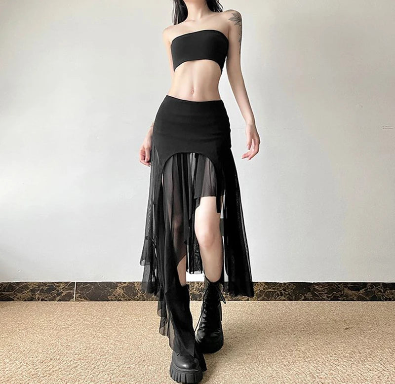 Zoki Sexy Irregular Y2K Skirts Women Vintage American High Waist Slim Slit Long Skirt Casual Lady Streetwear Retro Summer Skirts