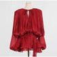 Luxury Elegant Mini Dress For Women V Collar Lace Up Blouse Dresses Long Sleeve Stacked Hem Vestido 2025 New Lady Women Clothing