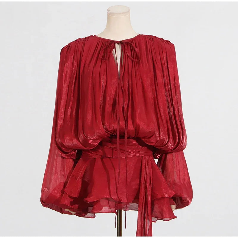 Luxury Elegant Mini Dress For Women V Collar Lace Up Blouse Dresses Long Sleeve Stacked Hem Vestido 2025 New Lady Women Clothing