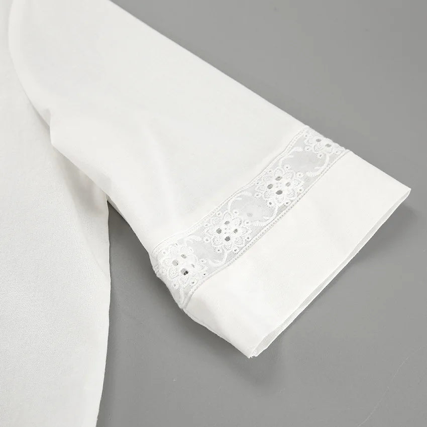 TARUXY Fashion White Cotton Linen Hollow Out Lace Up Top And Short Pants Suit Women's Loose Top Casual Splice Sets Lady Summer