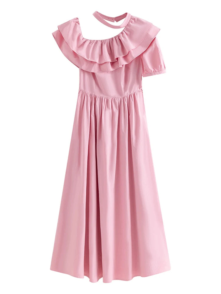 FSLE Black Women Dress 100% Cotton Ankle-Length Women Summer Dress One-shoulder Sleeve Ruffled Pink Maxi Dress 24FS18015