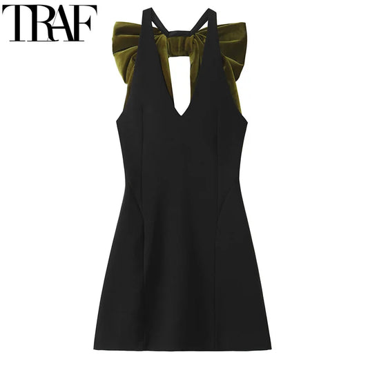TRAF Dresses Sleeveless Black Mini Dress Women Summer Butterfly Knot Velvet Dress Backless Sexy Short Dresses Woman Party Dress