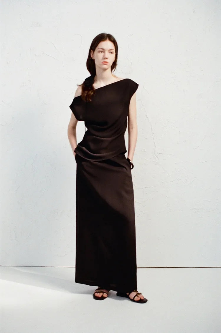 Elegant High-Waisted A- Line Skirt For Women Summer Commuting Long Dress Textile Song WhiteDrapedSideSlitLongDress