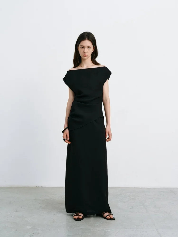 Elegant High-Waisted A- Line Skirt For Women Summer Commuting Long Dress Textile Song WhiteDrapedSideSlitLongDress
