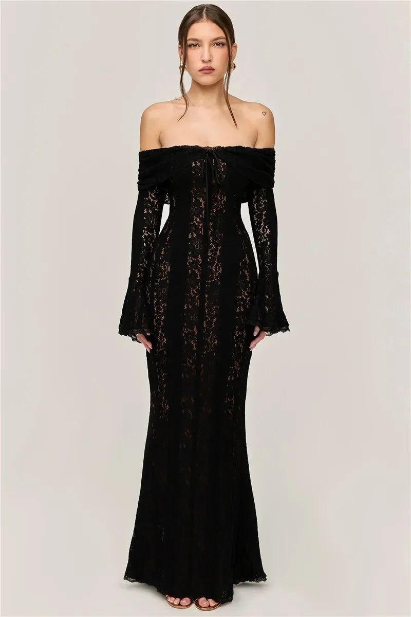 Oligai Winter Lace Long Sleeve Evening Party Dresses Women 2025 Black Sexy Elegant Maxi Dress Fashion Long Wedding Guest Dress