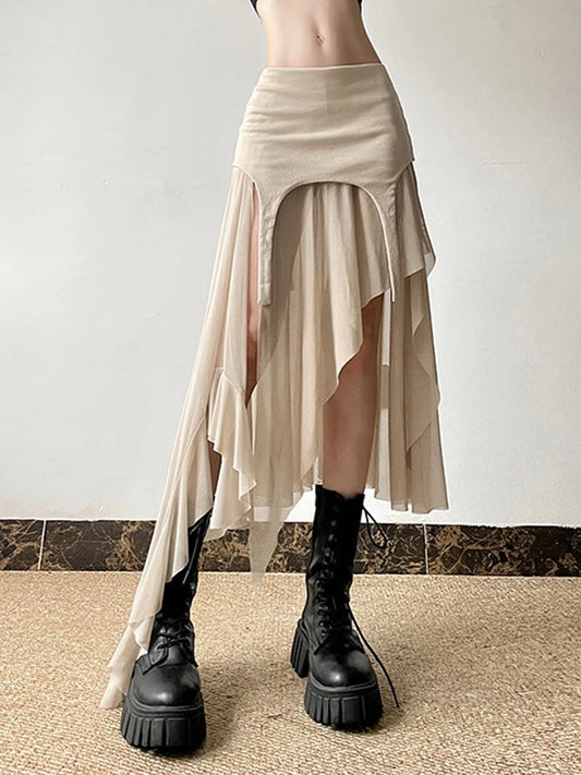 Zoki Sexy Irregular Y2K Skirts Women Vintage American High Waist Slim Slit Long Skirt Casual Lady Streetwear Retro Summer Skirts