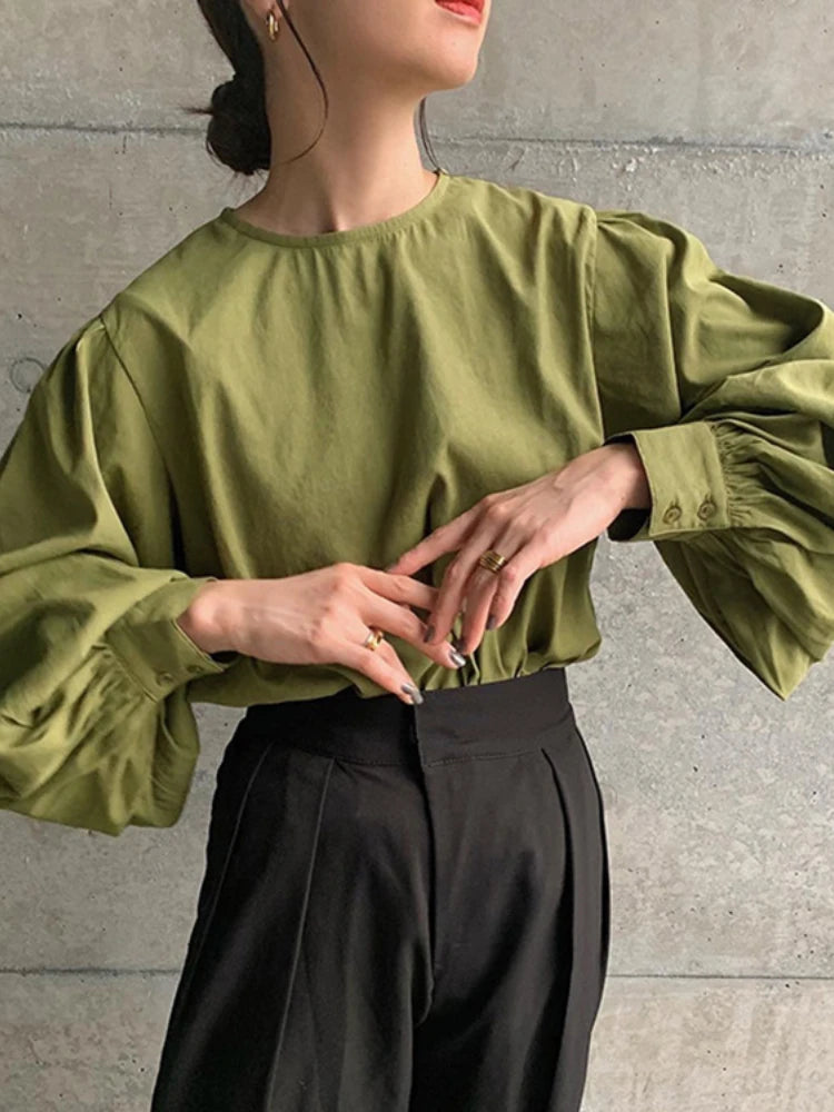 Japan Style Office Lady Elegant Vintage Blouse Women O-neck Loose Lantern Sleeve Shirts Solid All-amtch Blusas Autumn Ladies Top