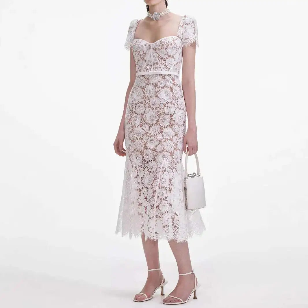 Luxury Hollow Out Long Lace Dresses Women Summer Sexy Hook Crochet Embroidery Flower Solid Backless Wedding Evening Vestidos