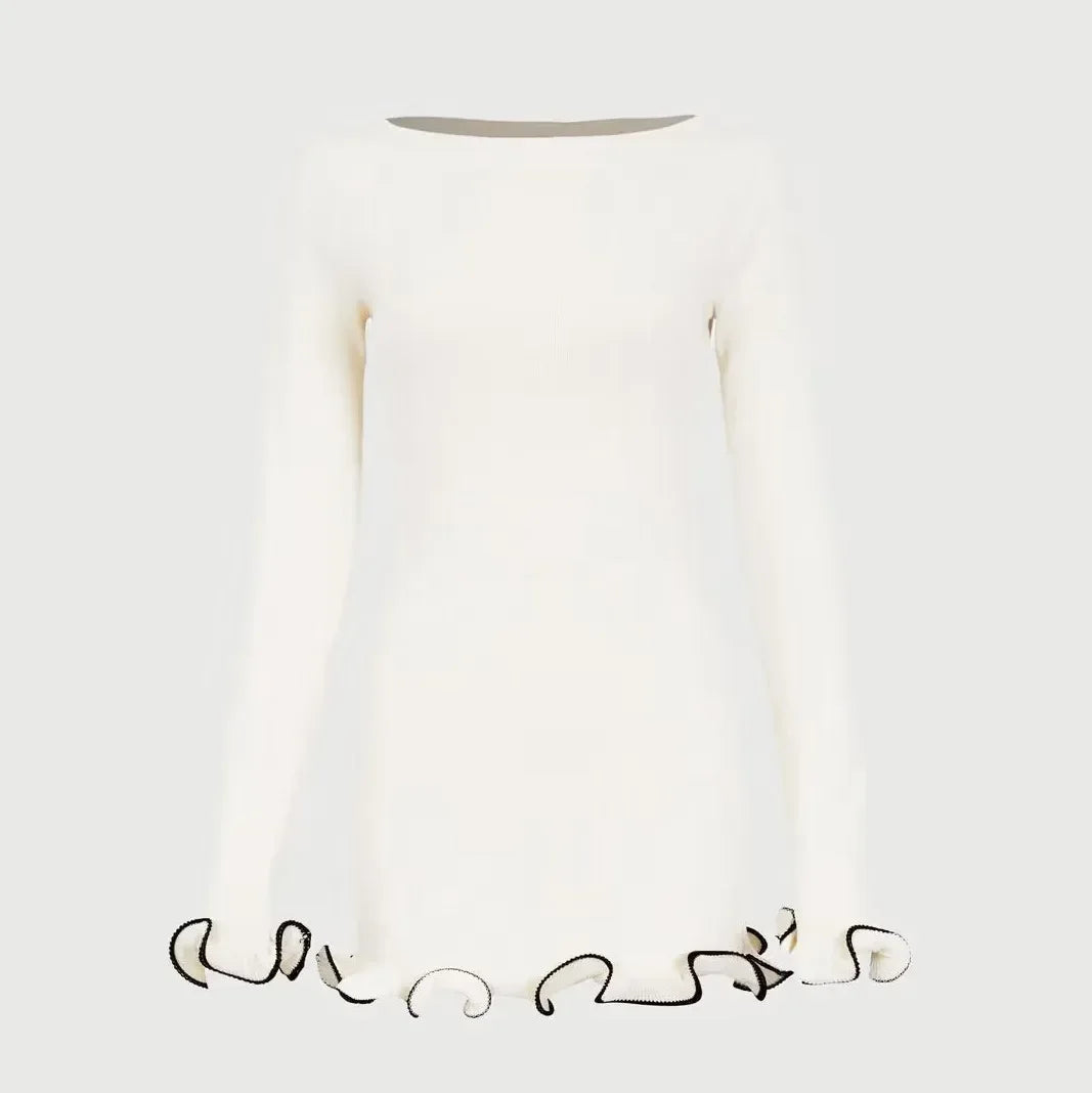 TARUXY Spring New Knitted Mini Dress For Women Fungus Contrast Color Slim Sweater Dress Elegant Female Party Clothes Long Sleeve