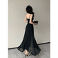 Korean V-Neck Spaghetti Strap Dress for Women Sexy Backless Waist-Tight Party Dresses Woman Elegant Black Sheer Midi Dress New