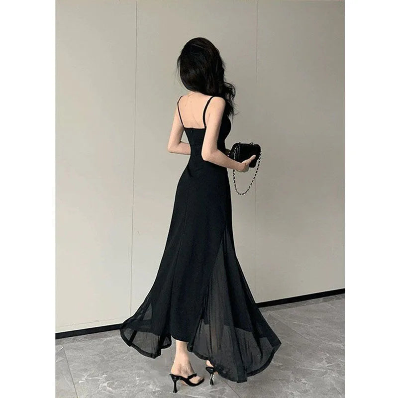 Korean V-Neck Spaghetti Strap Dress for Women Sexy Backless Waist-Tight Party Dresses Woman Elegant Black Sheer Midi Dress New