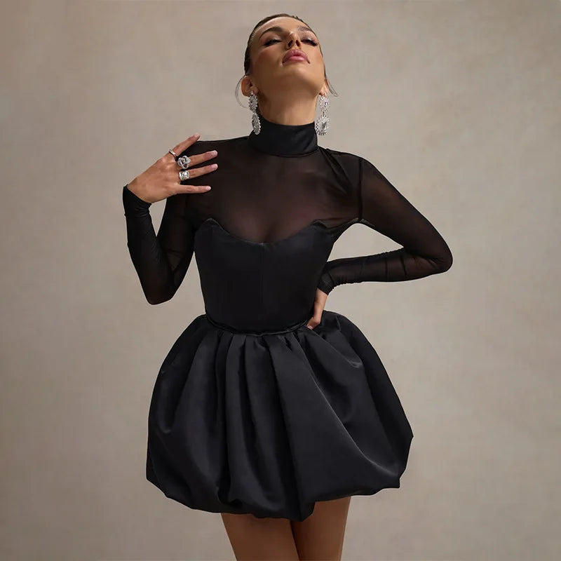 Talenza Black Mesh Sexy Mini Dress Female High Waisted Sheer Long Sleeve Patchwork A-Line Short Dress Luxury Party Evening Dress