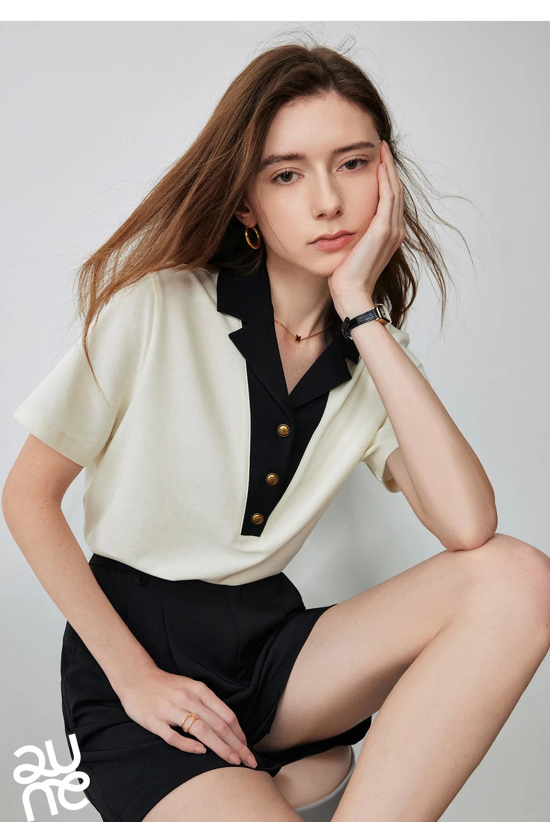 TOYOUTH Women Contrasting Colors POLO Collar T-shirt 2025 Summer New Short Sleeved Top