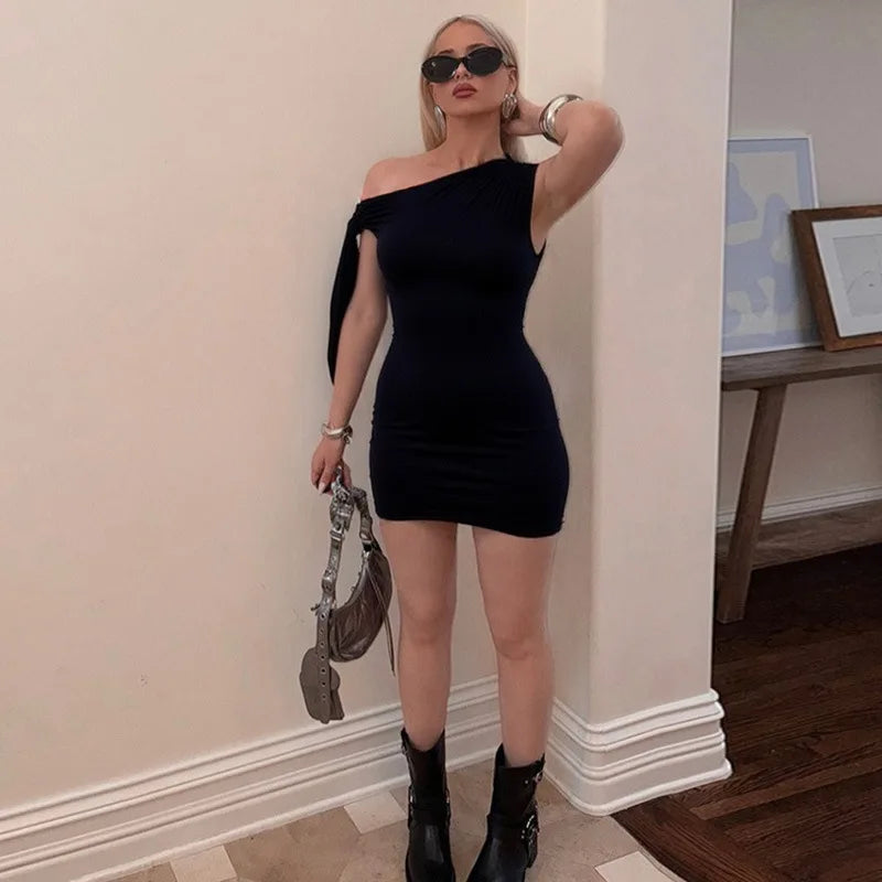 Talenza Black One Shoulder Mini Dress Fashion Hot Girls Sexy Sleeveless Patchwork Bandage Short Dresses Women New Tight Dresses