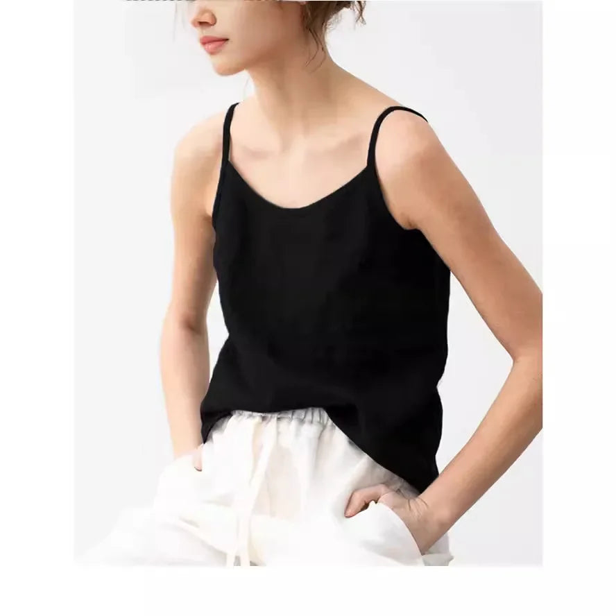 Pure Color Cotton Linen Sleeveless V-Neck Women's Tank Top Loose Fit Simple Style Outerwear Casual Comfortable Vest
