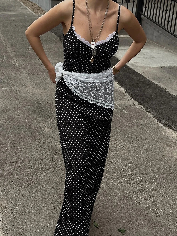 Talenza Black Lace Long Dress Women Fashion Polka Dot Printed Sleeveless Halter Dress Summer Sexy High Waist Party Evening Dress