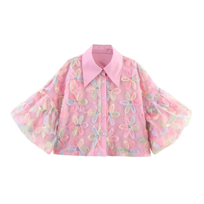 PB&ZA 2025 Women's Pink Short - length Blouse with Colorful Floral Embroidery Puff Sleeves and Collar for a Sweet Look