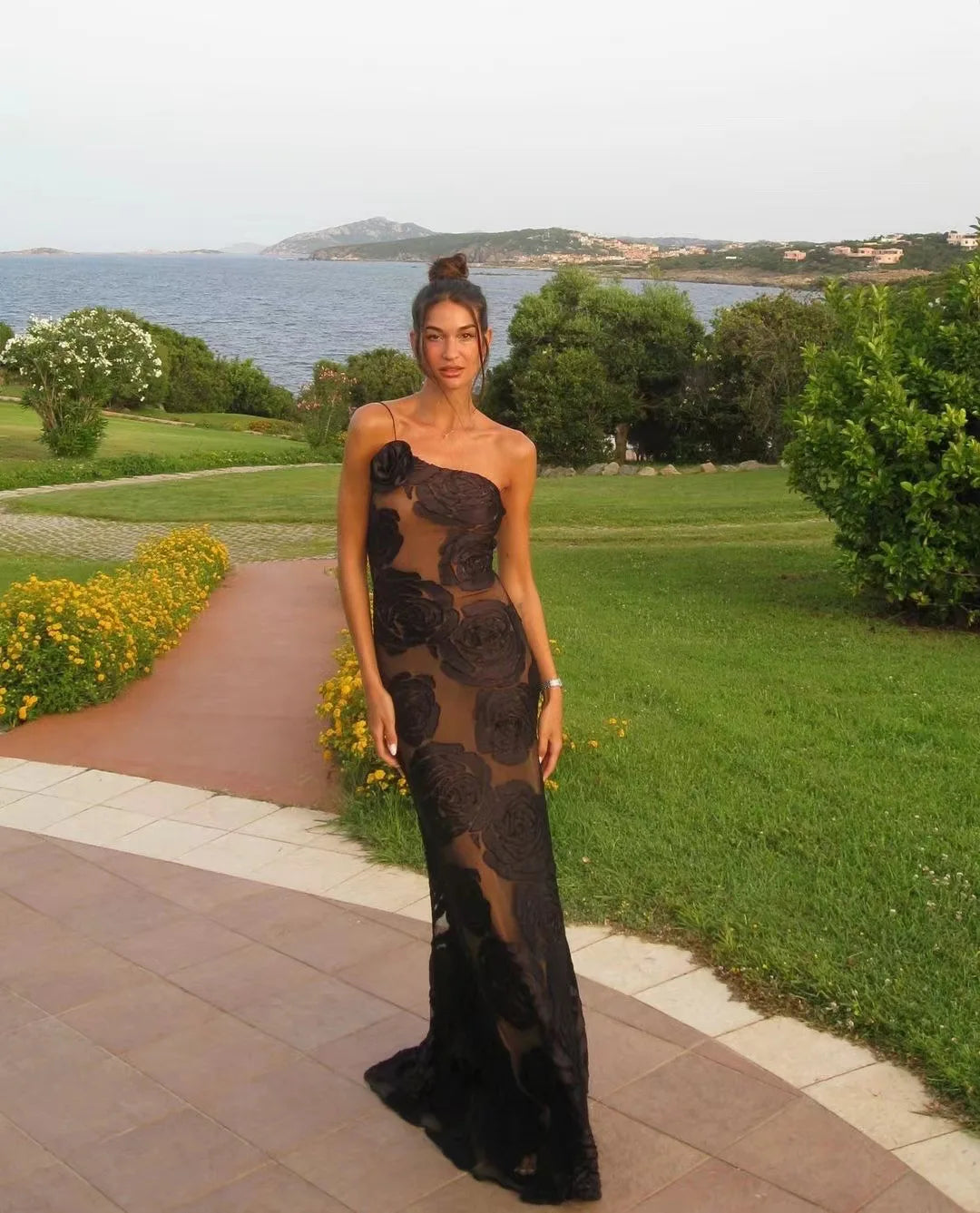 Mingmingxi Black Mesh Birthday Dress for Women 2024 One Shoulder Sexy Long Dress Slim Elegant Flower Wedding Guest Party Dresses
