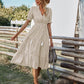 Women's Causal Striped Tassel Medium Long Dress V Neck Button Short Sleeve Spring Summer Dress