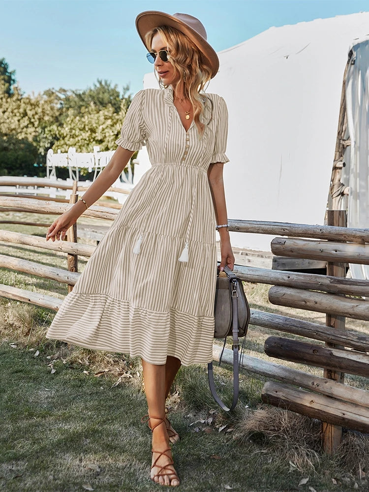 Women's Causal Striped Tassel Medium Long Dress V Neck Button Short Sleeve Spring Summer Dress