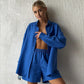 Wolfeel Women's Casual Shorts Sets 100% Cotton Solid Color Cozy Lapel Long Sleeve Shirt Summer New Elastic Waist Shorts Suits