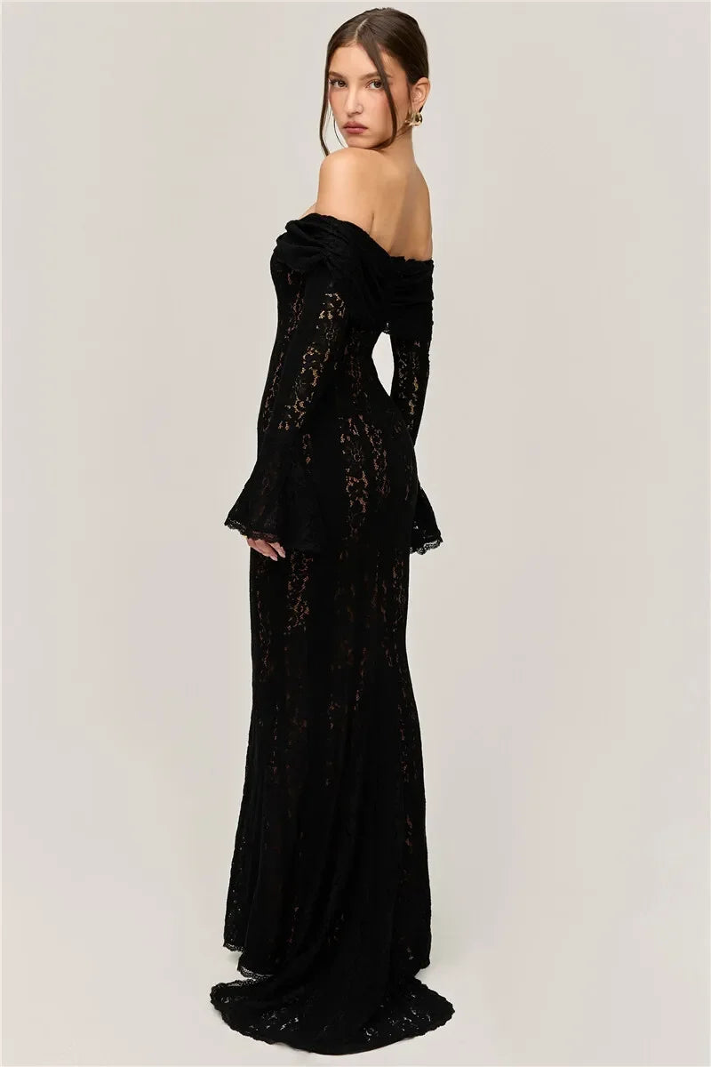 Oligai Winter Lace Long Sleeve Evening Party Dresses Women 2025 Black Sexy Elegant Maxi Dress Fashion Long Wedding Guest Dress