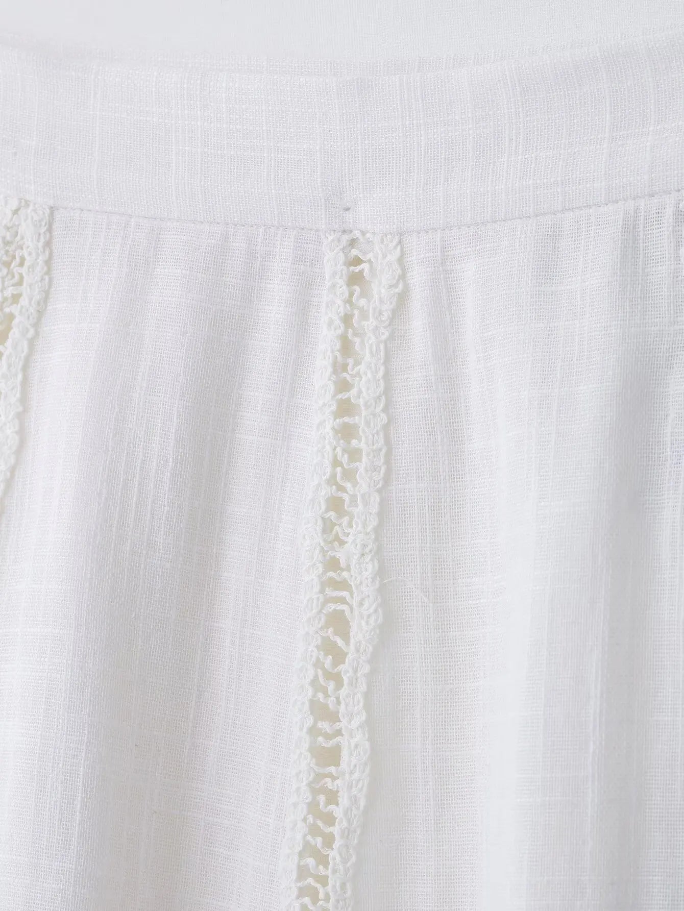 TRAFZA Women Fashion O-Neck Crocheting Details White Skirt Suit Short-sleeve Blouse+Side Zipper White Pleated Midi Se Long Skirt