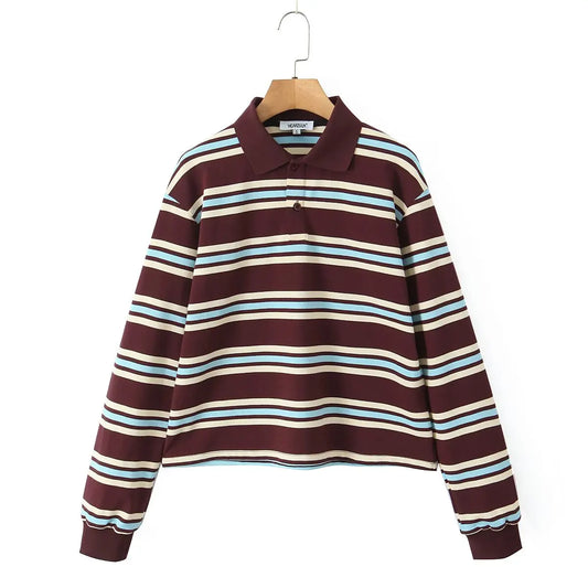 Summer 2025 Polo Shirts Woman Long Sleeve Tops Women Striped Vintage Clothes Polo Shirts Mujer Streetwear Casual Tops Brown