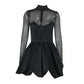 Talenza Black Mesh Sexy Mini Dress Female High Waisted Sheer Long Sleeve Patchwork A-Line Short Dress Luxury Party Evening Dress