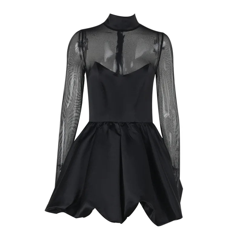 Talenza Black Mesh Sexy Mini Dress Female High Waisted Sheer Long Sleeve Patchwork A-Line Short Dress Luxury Party Evening Dress