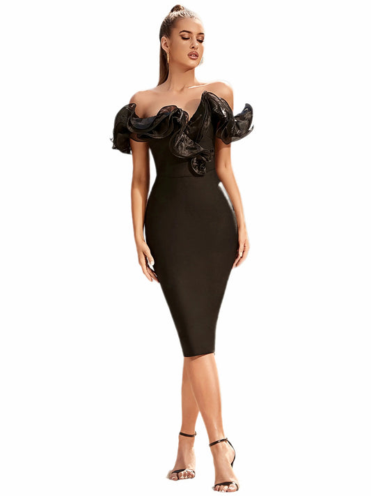 Women's Off Shoulder Bandage Midi Dress Luxury Design Ruffled  Elegant Black Sleeveless Ruffled Sexy Club Party Evening Dresses