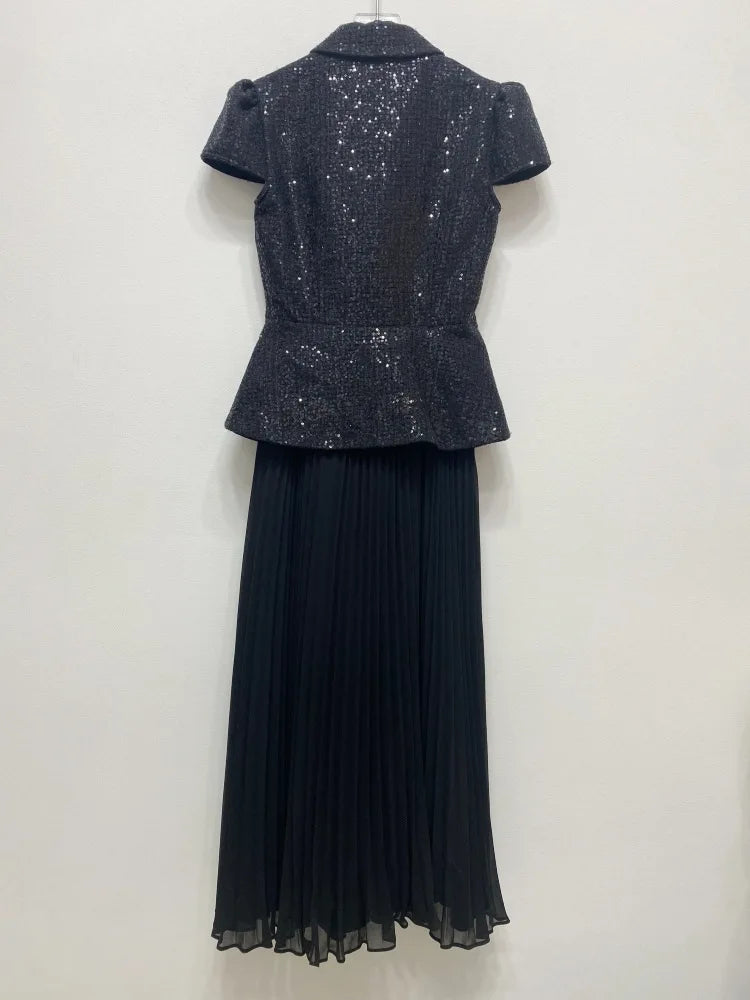 Luxury Tweed Dresses Women 2025 Summer Holiday Big Bow Crystal Fake 2 Piece Sets Sequins Chiffon Long Dress Party Vestidos Prom