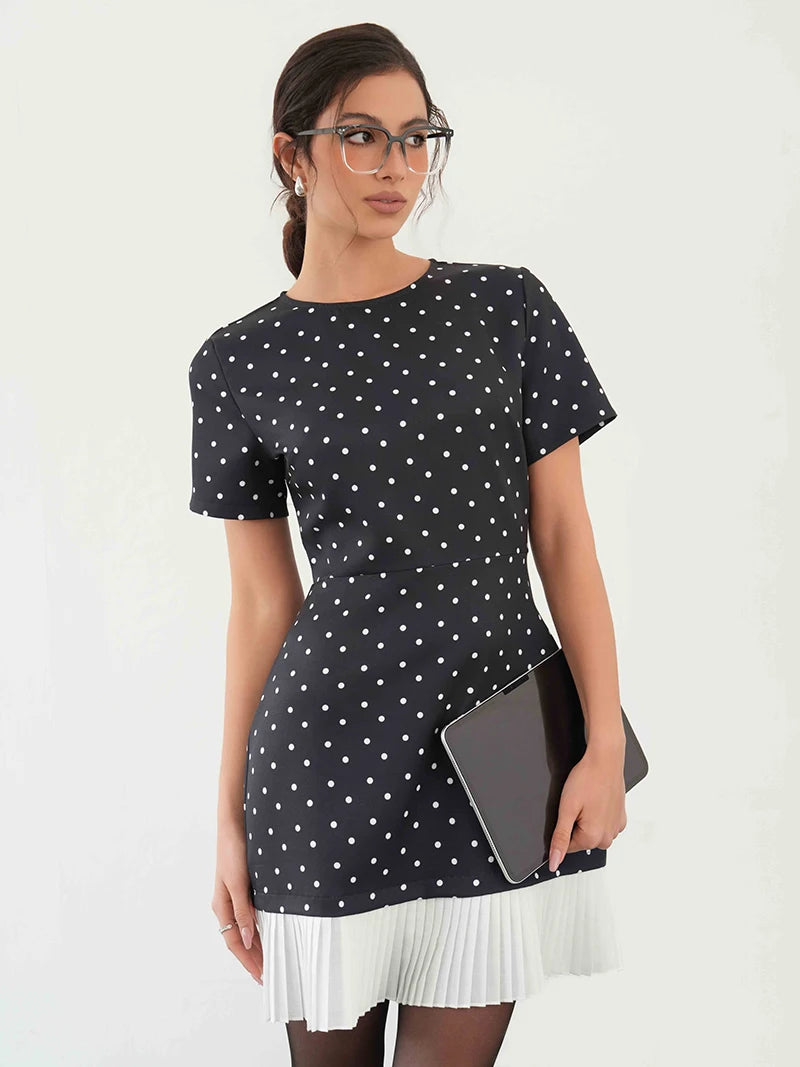 Elegant Retro Black Polka Dot Dress Women Office Style Sexy Short Summer Dresses Short Sleeve Polka Dot Beach Dress Women 2025