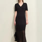 Amii Minimalism 2024 Women's Knitted Dresses Summer New V-neck Spliced Chiffon Short-sleeve Female Slim Fishtail Dress 12442152