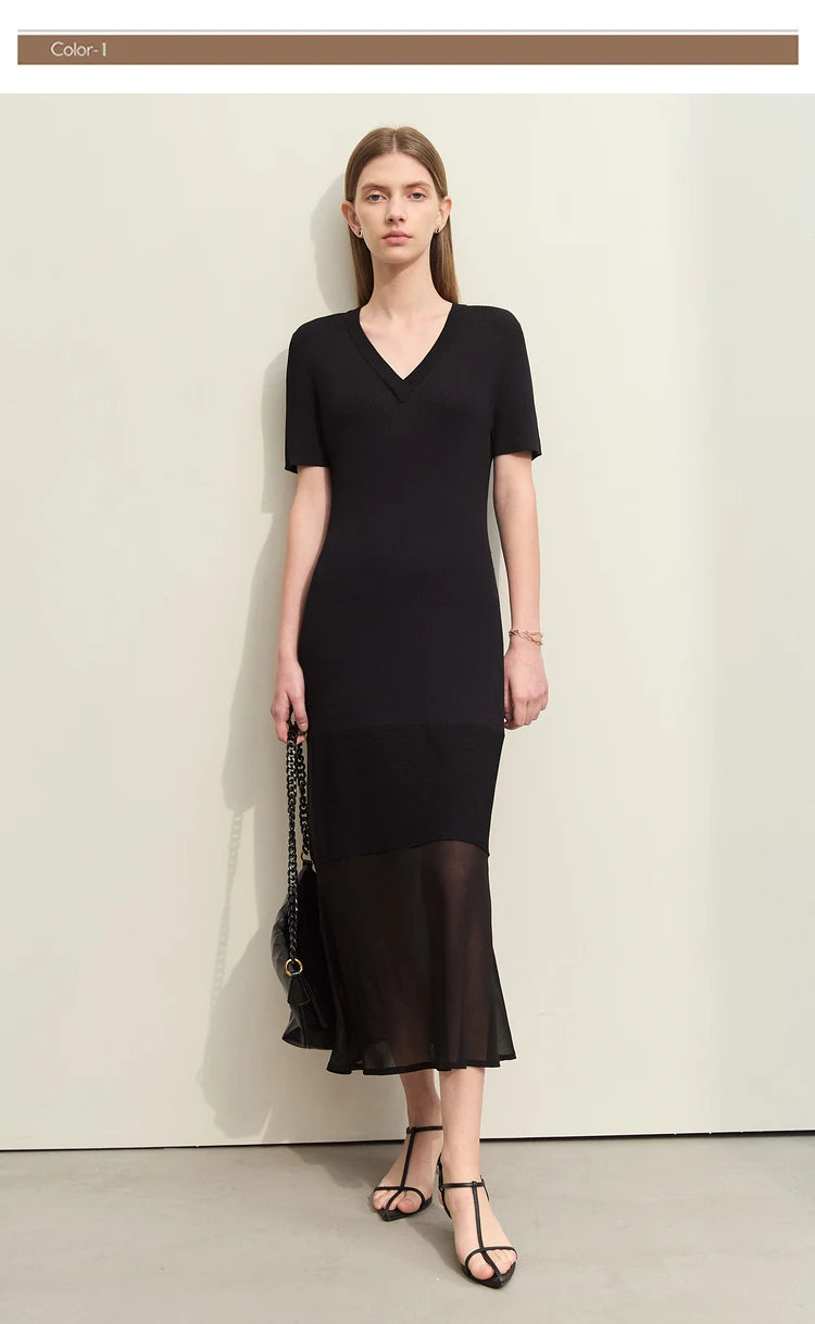 Amii Minimalism 2024 Women's Knitted Dresses Summer New V-neck Spliced Chiffon Short-sleeve Female Slim Fishtail Dress 12442152