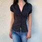 CIBBAR Black Striped Print Blouse Vintage 2000s Button Up Puff Short Sleeve Crop Top Women Korean Fashion T Shirt Streetwear y2k