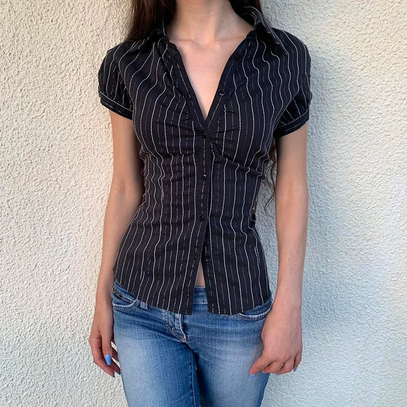 CIBBAR Black Striped Print Blouse Vintage 2000s Button Up Puff Short Sleeve Crop Top Women Korean Fashion T Shirt Streetwear y2k